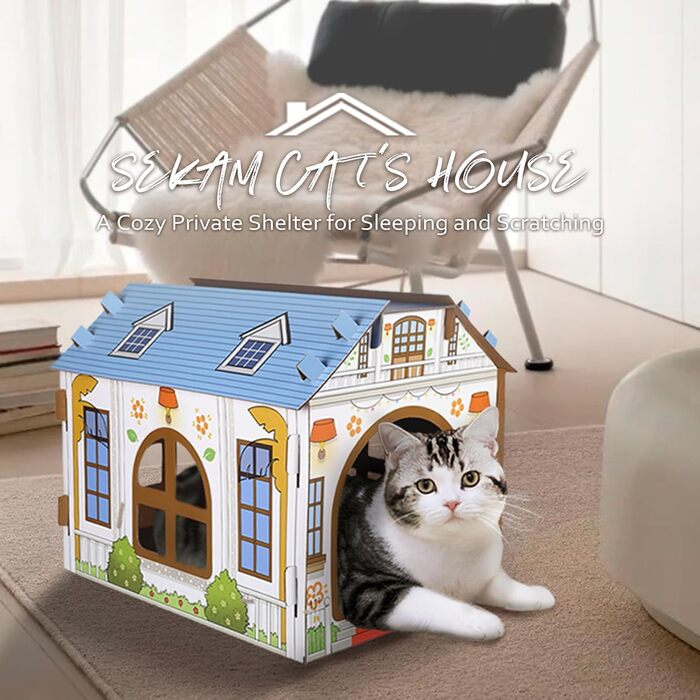 Будиночок для котів SEKAM з картону з котячою м'ятою, 41.8 x 30.5 x 33 см, іграшка-будиночок для котів, котяче дряпальний засіб, іграшка для дня народження, притулок для кошенят та маленьких тварин Oceanside Villa