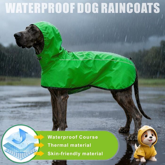Дощовик для собак Mosucoir з відбиваючими елементами та регульованою капюшоном, водонепроникний, для великих собак (зелений, L)