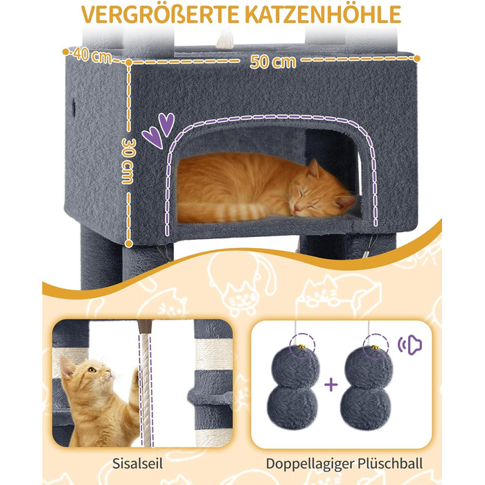 Комплекс для котів Hzuaneri Kratzbaum 156 см: Дряпка-стовпчик з платформами, будиночками та іграшками, темно-сірий