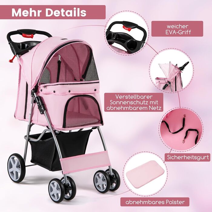 Візок для собак та котів COSTWAY, до 15 кг, рожевий, з сітчастими віконцями, тримачем для напоїв, кошиком та сонцезахистом
