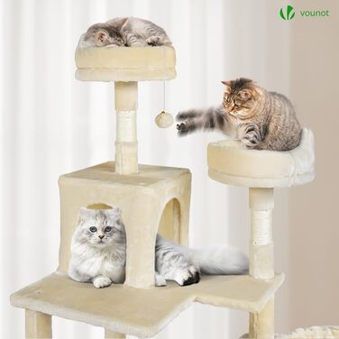 Двоповерховий котячий будиночок Vounot XXL (215 см), котячий комплекс з гамаком, корзиною та шматочками для дряпання, сірий та бежевий