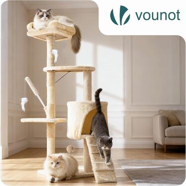 Кігтеточка для котів Vounot® - багатоповерхова кімнатна кігтеточка з платформами, печерою та іграшками, 112 см, бежева