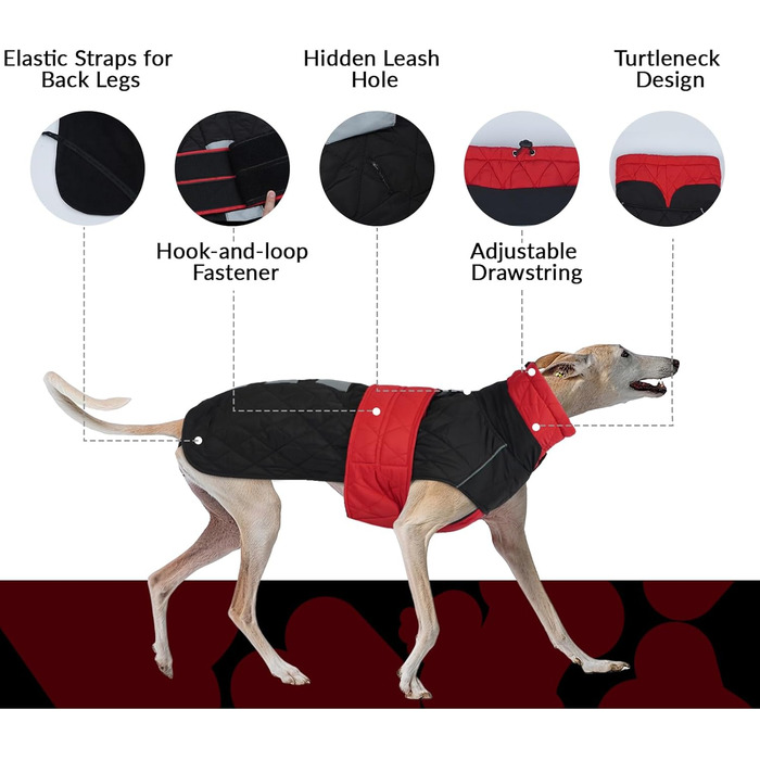 Зимовий теплий дощовик для собак Віндхунд (Whippet) - червоний, з відбиваючими смугами