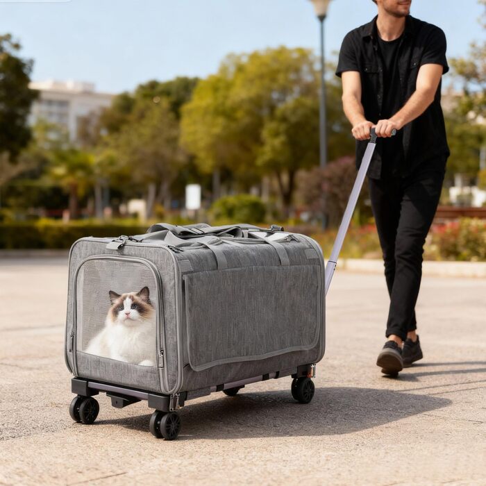 Транспортна переноска для котів та собак Apriltop з двома відділеннями та колесами, 60x40x45 см, сіра