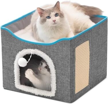 Будиночок для котів Fluffy Paws Store – велика м'яка котяча нора для домашніх котів з підвішеним пухнастим м'ячем і кігтеточкою, складаний кішковий будинок 41,9x41,9x33 см, сірий