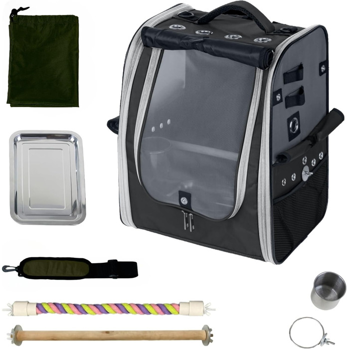 Переносна сумка-рюкзак для птахів Birds Day з кліткою для папуг, 2 жердочками та годівницею, піддон з нержавіючої сталі (темно-оливковий зелений)