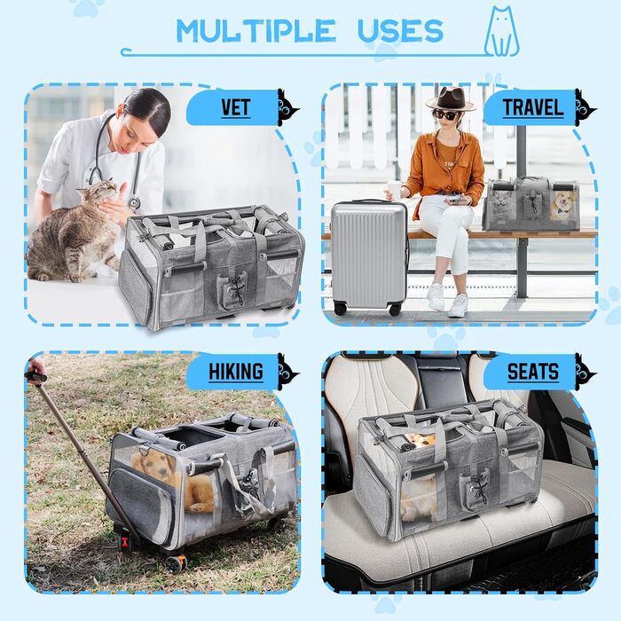 Велика переноска для тварин з двома відділеннями та колесами для кота/собаки, знімна складана переноска для 2 котів до 20 кг, вентильована переноска-рюкзак для котів для подорожей/походів/кемпінгу