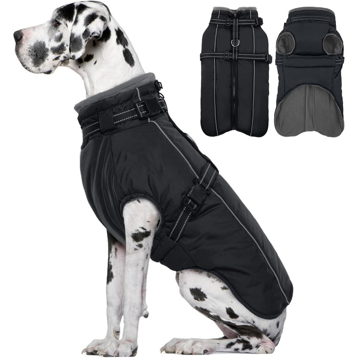 Зимовий одяг для собак Lelepet: теплий, вільний від вітру, з інтегрованим шлейкою, з флісовою підкладкою, світловідбиваючий, чорний, 3XL