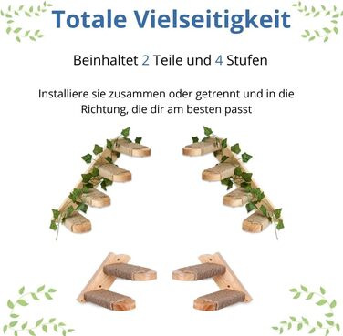 Сходинка для котів TREKAM - дерев'яна драбина для котів на стіну з джутового мотузка та декоративним листям. Міцна, елегантна та функціональна.