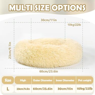 Кругле ліжко для собак та котів середніх та великих порід, 70 см, м'яке, пухнасте, миється, не ковзає, світло-бежеве (60x60x20 см)