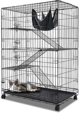 Складаний вольєр для котів та тхорів Homey PET INC з колесами, замком, полицею та гамаком, 76,2 см, чорний