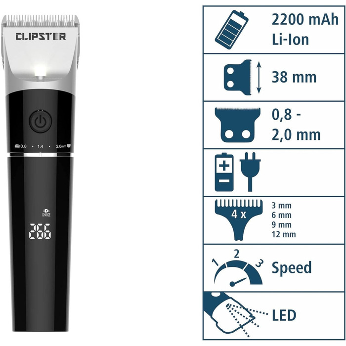 Електрична машинка для стрижки Kerbl Clipster DeloX, цифрова, чорна, аксесуари