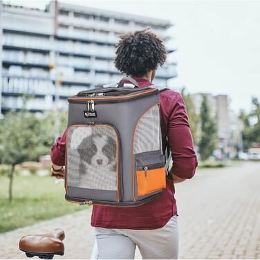 Рюкзак для собак та котів PETCUTE, дихаючий, з висувною підстилкою, прозоре вікно, складаний, з поводком, для подорожей, Малахіт+Білий (Сірий+Помаранчевий)