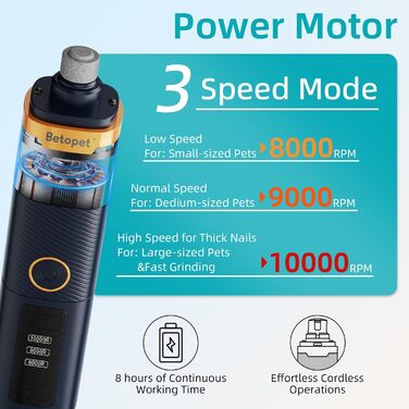 BETOPET електрична когтерізка для собак і котів з 2 LED-лампами, тиха, потужна, 3 швидкості, для маленьких і середніх тварин