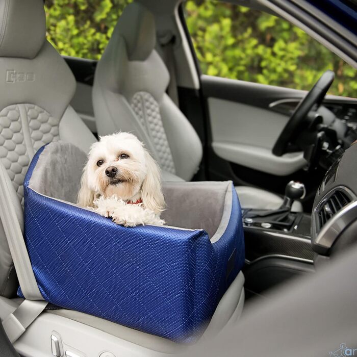 Автокрісло для собак 2в1 | Універсальне миюче автокрісло для заднього та переднього сидіння | Лежанка для собак та котів | Штучна шкіра, пухнастий плюш | 48 x 48 см (Блакитний)
