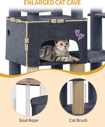 Декілька рівнева кігтеточка для котів Hzuaneri MS20018LG, 200 см, XXL, 10 стовпчиків, 2 печери, 2 гамаки, велика платформа, щітка для котів, кошик, для мейн-кунів та великих котів