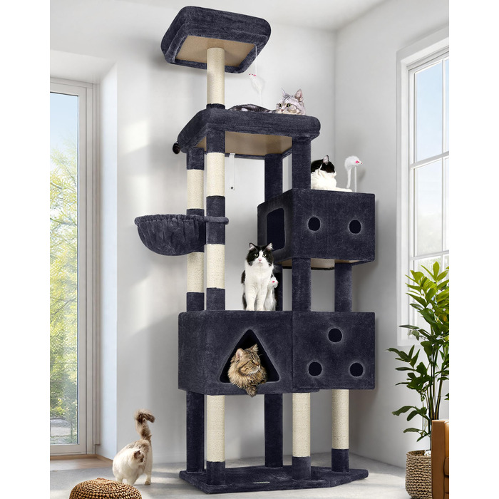 Комплекс для котів Globlazer XXL 207 см з будиночком 45x35 см, платформами, стовпчиками обмотаними сизалем (8 шт.) для великих котів, темно-сірий