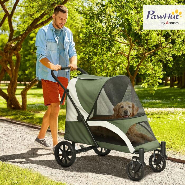 PawHut Будка-перевозка для собак та котів, розкладний, до 30 кг, з подушкою, сіткою, кишенями, гальмами (темно-зелений)