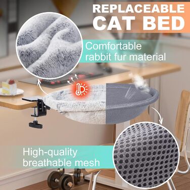 Крісло-гамак для котів Uross - 360° обертання та регулювання висоти, м'яке ліжко для котів з 2 знімними чохлами, для дому та офісу, цілорічне використання (Сірий)