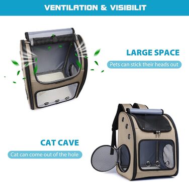 Рюкзак для собак та котів PETCUTE: дихаючий, знімний килимок, складаний, регульований. Підходить для маленьких собак та котів. Колір: хакі