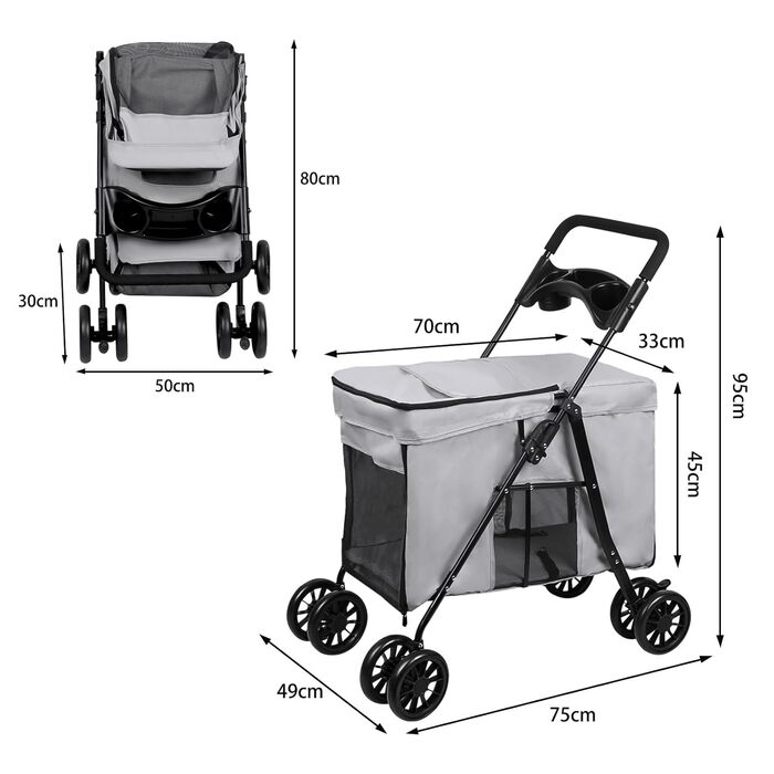 Візок для тварин, бугі для собак та котів, складний, сірий. Міцний, водонепроникний, з дихаючим матеріалом, до 20 кг.