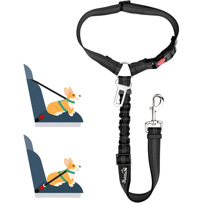 Автомобільний ремінь безпеки для собак SlowTon 2-в-1 з кріпленням на підголівнику, універсальна застібка та регульована світловідбиваюча гумка, 2 шт. (Підголівник + Кліп)