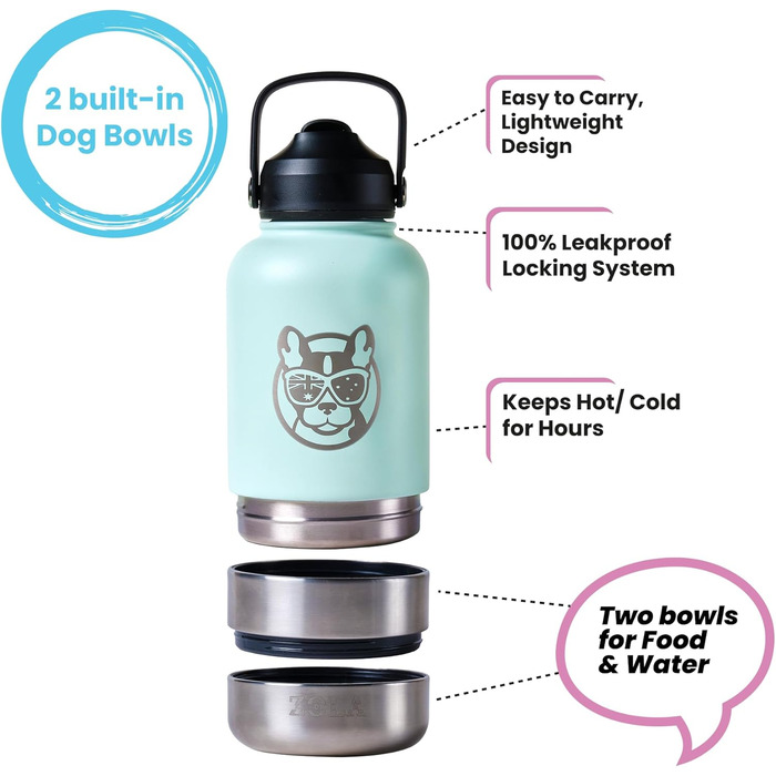 3-в-1 пляшка для собак з мискою та відсіком для ласощів, 1 л, Babyrosa | Без BPA, ізольована, для прогулянок