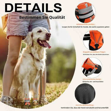 Водонепроникні чоботи для собак, 4 шт. Антиковзкі собачі чоботи з неслизькою підошвою та світловідбиваючим кріпленням, для маленьких, середніх та великих собак (S, помаранчевий)