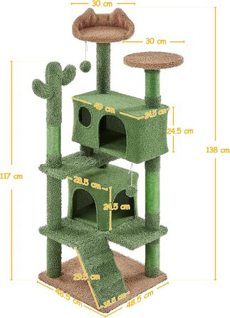 Сучасний котячий дряпак Yaheetech 138 см, зелено-коричневий – когтеточка з оглядовим майданчиком, котячим будиночком, сизалевими стовпчиками та плюшевою іграшкою
