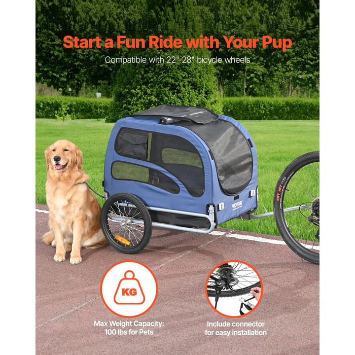 VEVOR Причіп для собак, вантажопідйомність до 45,4 кг, легкий, складна конструкція, універсальний кріплення, відбивачі, прапор