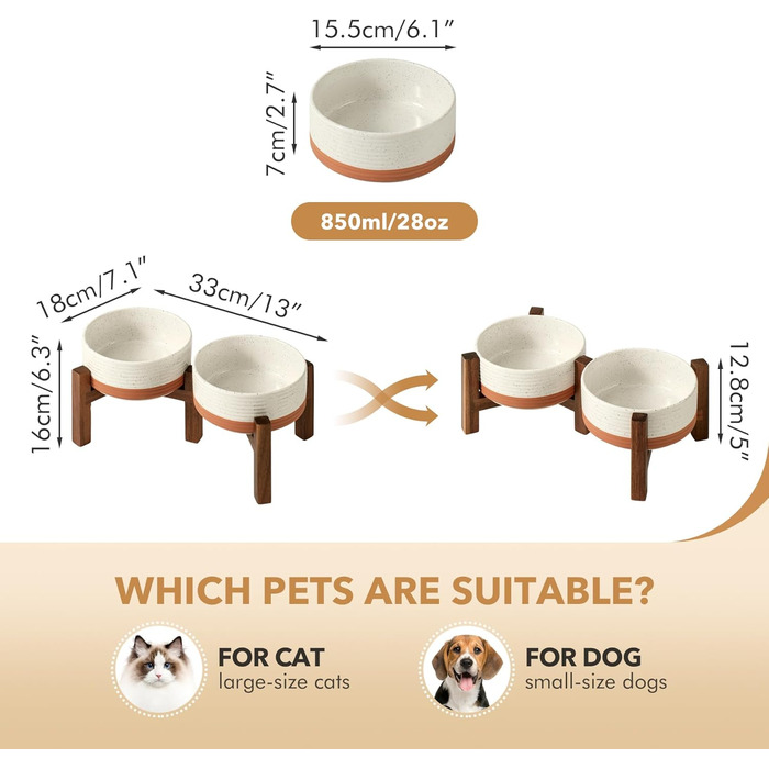 Набір мисок для собак Havniva з кераміки, 15,5 см, на підставці з акації, 2 рівня, для корму та води, малі породи (800 мл, ванільно-білий)