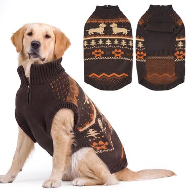 Теплий в'язаний светр для собак Fair Isle з отвором для шлейки, каштановий, розмір 2XL