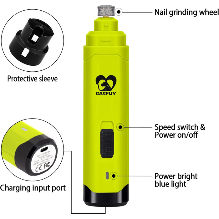 Електричний точилка для кігтів собак Casfuy - професійний, 2 швидкості, акумуляторний. Безпечна догляд за кігтями для собак та котів, малих та середніх порід