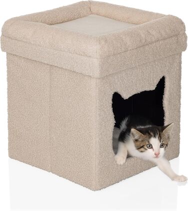 Квітковий будиночок для котів PAWY з подушкою, розкладне ліжко для котів з Bouclé тканини, знімний дах, 40x40x44 см, Бежевий, кутовий / 44 x 40 x 40 см Бежевий