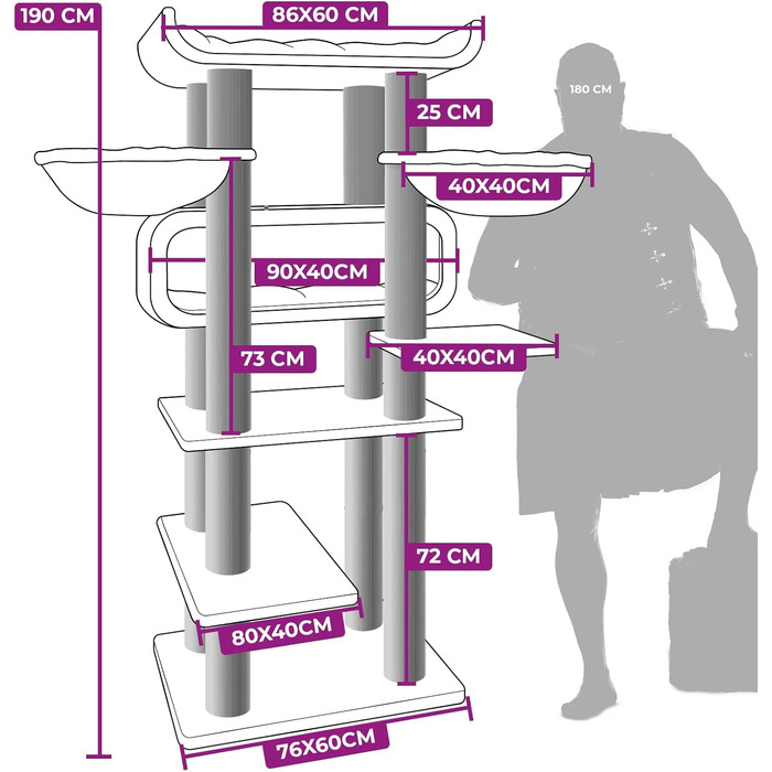 Дряпак для котів Petrebels Maine Coon XXL, 190 см, дизайн для великих котів, сизаль, колір Off-White