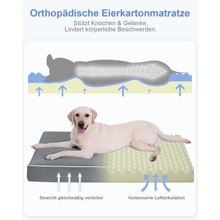 Ортопедичне ліжко для собак KSIIA, великі породи, 104x68x8 см, знімний матрац, миється, сіре