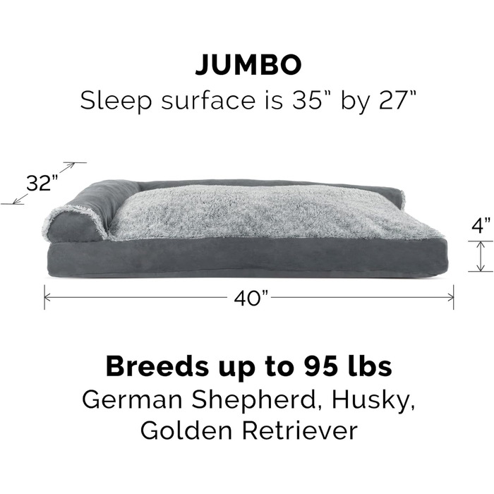 Крісло-лежанка для собак великих порід FurHaven, лежанка-халапа, знімні валики для шиї, знімний та пральний чохол, плюш та оксамит, сірий колір, розмір Jumbo/XL (102 x 81 x 20 см)