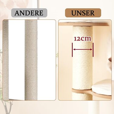 Кігтеточка для котів CareCooo 135 см з товстими стійкими стовпчиками, з будиночком, захистом від перекидання, з сизалю, водонепроникна, для великих котів, коричнево-біла