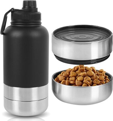 Водяна пляшка для собак на ходу, 950 мл, з мискою для їжі та води, ізольована, нержавіюча сталь, чорна