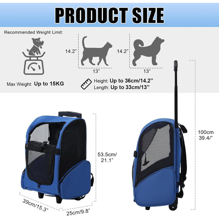 Роликова переноска для домашніх тварин, рюкзак для собак з телескопічною ручкою та кишенями, переноска для собак для маленьких тварин, 42x26x55 см, регульована ручка, оксфордська тканина, Королівський синій