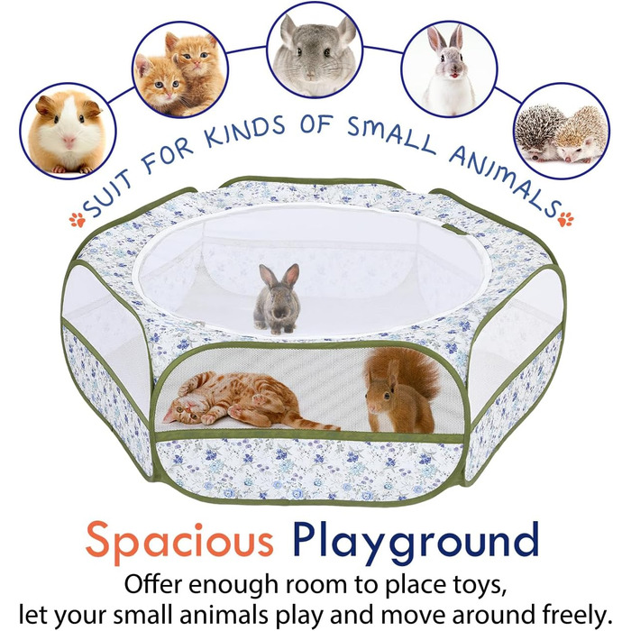 Pawaboo: Фрейгехеге для дрібних тварин, водовідштовхуваний, складаний, для кроликів, курей, кошенят, цуценят, кроликів, хом'яків. Візуальний вольєр з сіткою, блискавкою та нейлоновим дном (Синій + Білий квітковий принт)