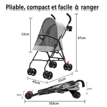 Візок для тварин Homewell: складний, з тримачем для напоїв та ременем безпеки (сірий), до 15 кг