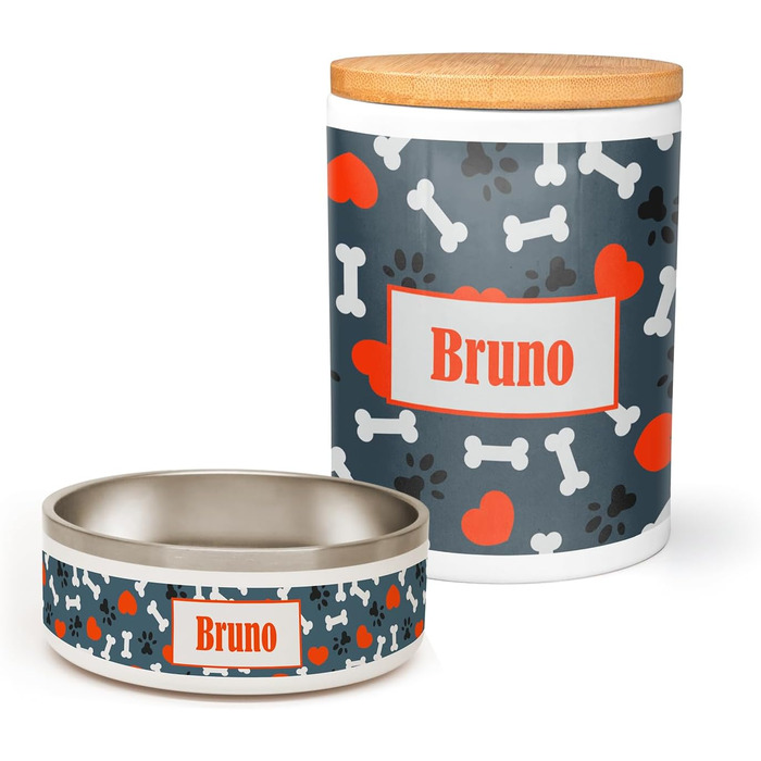 PICANOVA Набір мисок та контейнерів для корму та ласощів для собак з іменем - Персоналізований набір у різдвяному дизайні - Керамічний набір мисок та контейнерів як подарунок для власників домашніх тварин - Дизайн Candy Bones (набір сердечок та лапок)