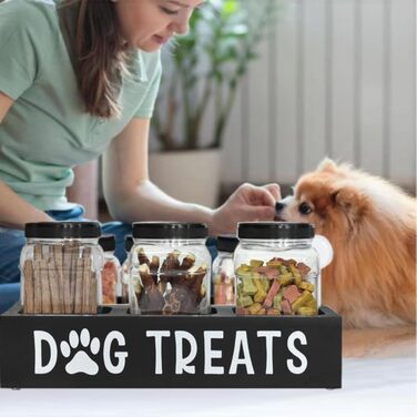 Контейнер для ласощів для собак Niciksty, дерев'яний контейнер для корму з 3 скляними банками, контейнер для корму для собак та котів, чорний