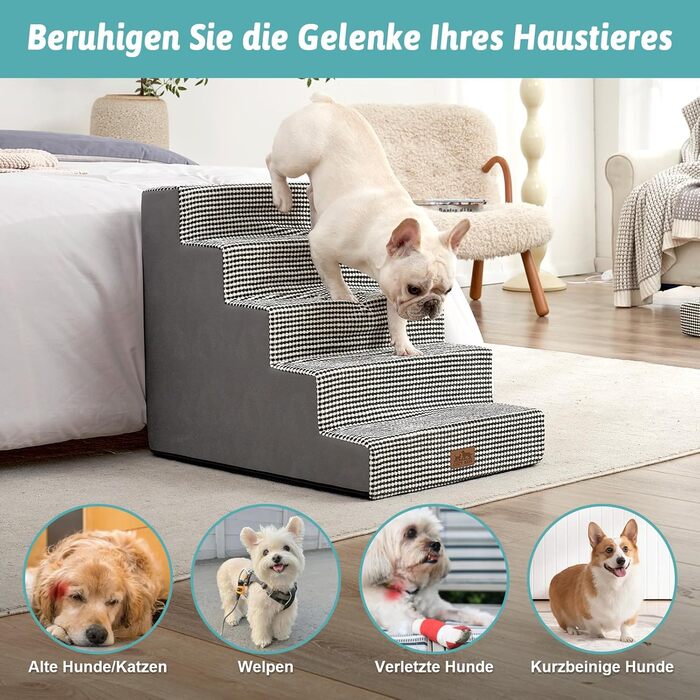 Сходинки для собак COZY KISS - пандус для тварин з нековзким покриттям. Підходять для маленьких собак та котів. Щільний пінопласт, для ліжка, дивана, авто (Чорний & Білий, 75x50x60cm, 5)