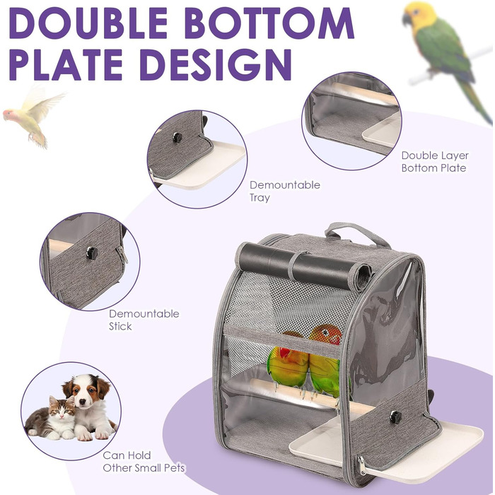 Рюкзак для птахів: переносна сумка-транспортер з жердинами та підставками, сірий. Підходить для папуг та інших середніх та дрібних птахів. Зроблений з дихаючої та міцної тканини Оксфорд.