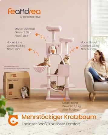 Когтеточка для котів Feandrea, 168 см, велика, з 13 когтеточковими стовпами, 2 платформами, 2 будиночками, гамаком, м'ячиками, PCT165W01, пастельно-рожевий
