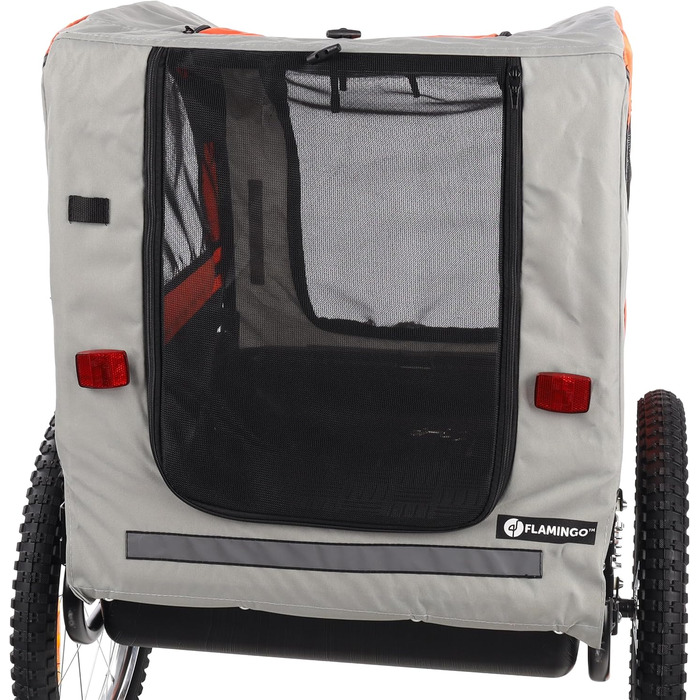 Причіп для велосипеда Flamingo Jolene сірий & оранжевий - 77,5x58x67см - з пластиковим ковшем, широкими колесами та 2 регульованими амортизаторами - 2 велосипедні з'єднувачі та система кріплення з блокуванням безпеки