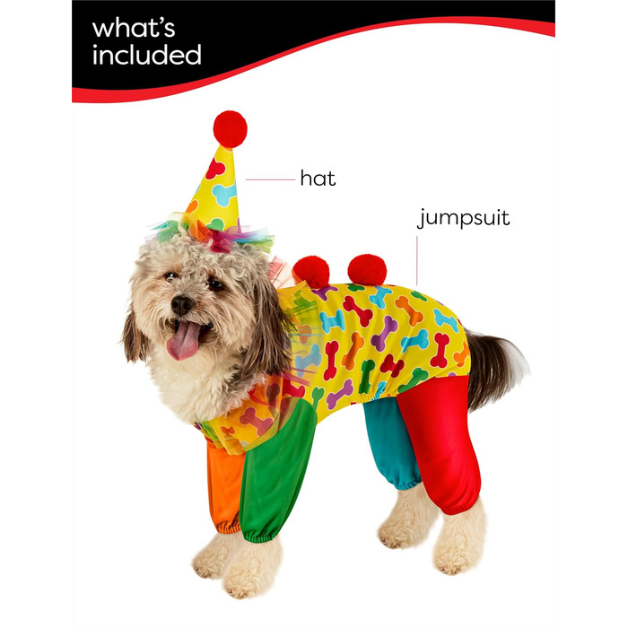 Костюм клоуна для домашніх тварин Rubies, XL: комбінезон, капелюх, рюкзак для свят та Хелловіну