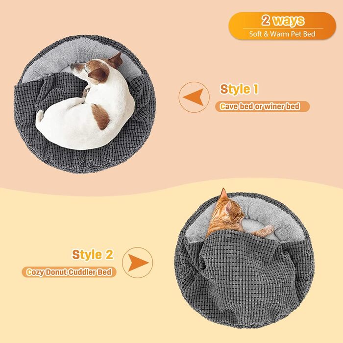 Ліжко для собак і котів PETCUTE, кругле плюшеве, м'яке, знімна кришка, для малих і великих порід, з антиковзною основою, придатне для прання